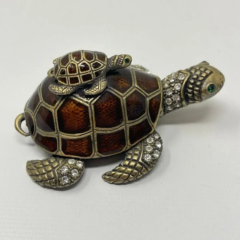 Sea Turtle & Baby Rhinestone Enamel Metal Trinket Pill Ring Box Hinged Magnetic